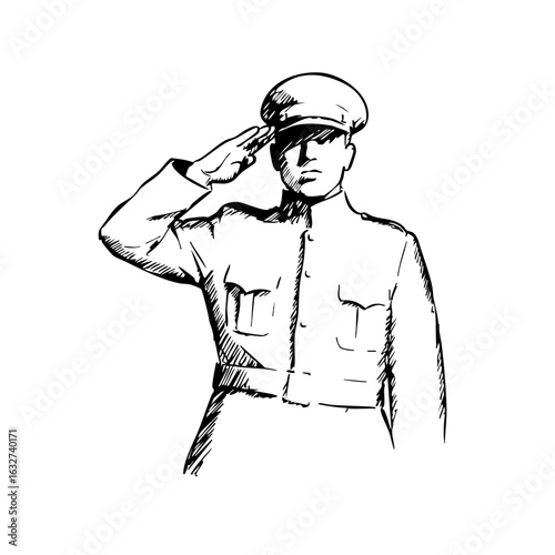 Sketch of military salute shows soldier in uniform giving honor. Military salute gesture illustrates respect and patriotism, representing discipline and service in armed forces.