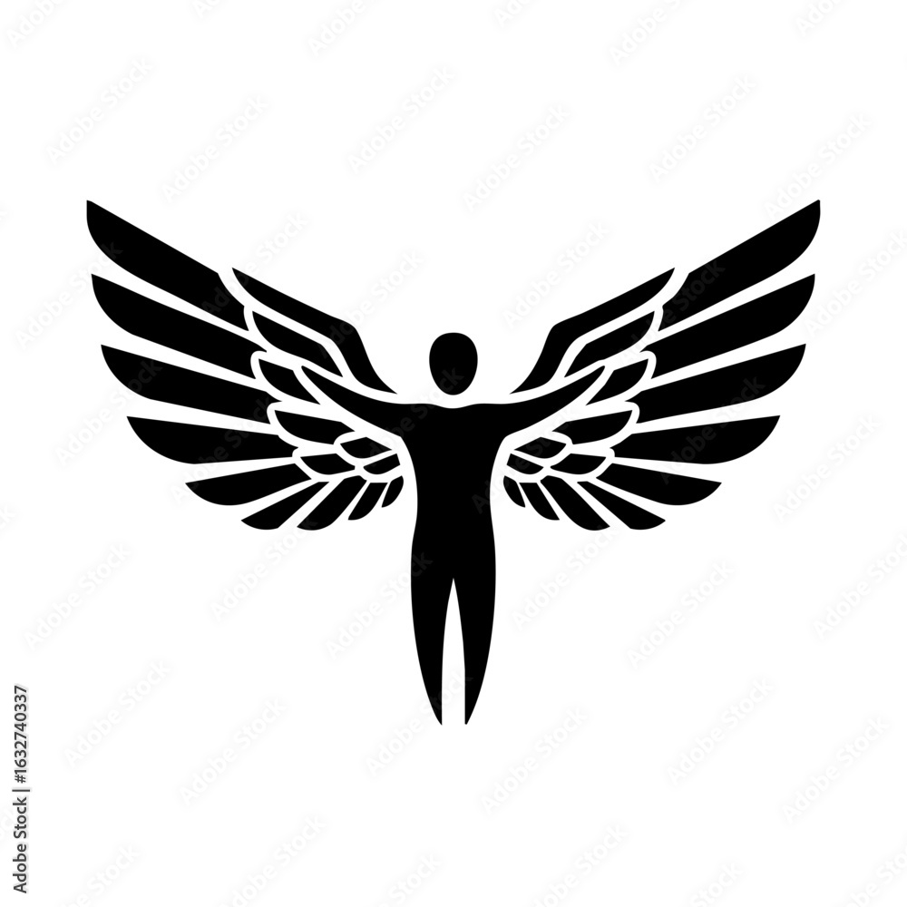 Fototapeta premium Black and white angel illustration on plain background displays a silhouette of person with widespread wings. Angel illustration depicts freedom and protection.