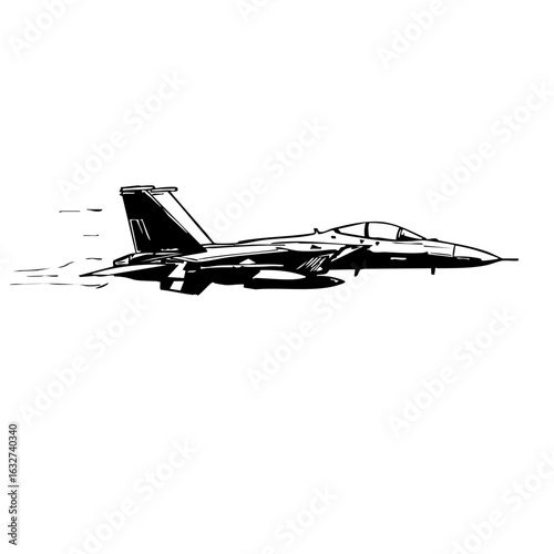 Fast fighter jet in flight. Powerful military aircraft soars through sky. This fast fighter jet image is perfect for military publications, aviation websites, and defense industry marketing materials.