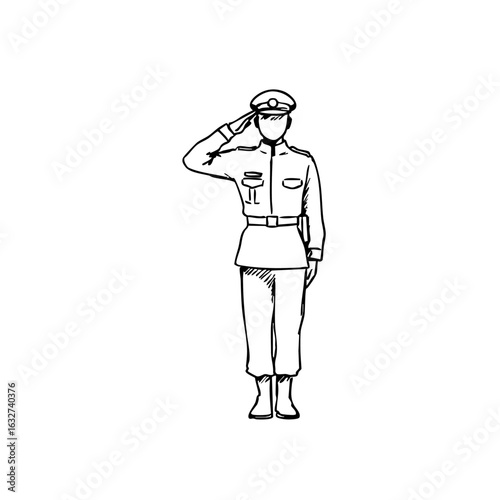 Sketch of officer in uniform giving military salute, representing respect and honor. Detailed figure depicts military salute in a clean, simple manner, emphasizing formality and tradition.