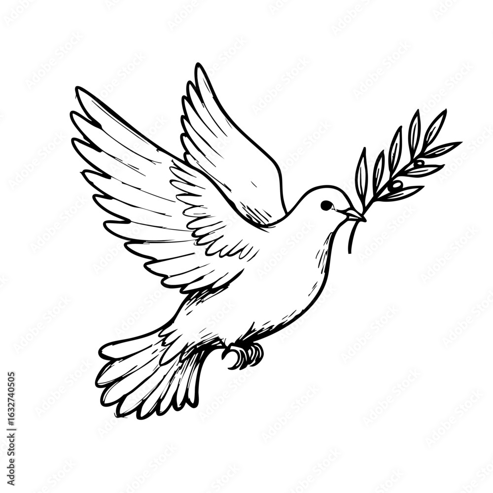 Obraz premium Dove of peace with olive branch symbolizes hope and reconciliation, offering a message of peace. Dove carrying symbolic olive branch in its beak represents harmony and new beginnings,