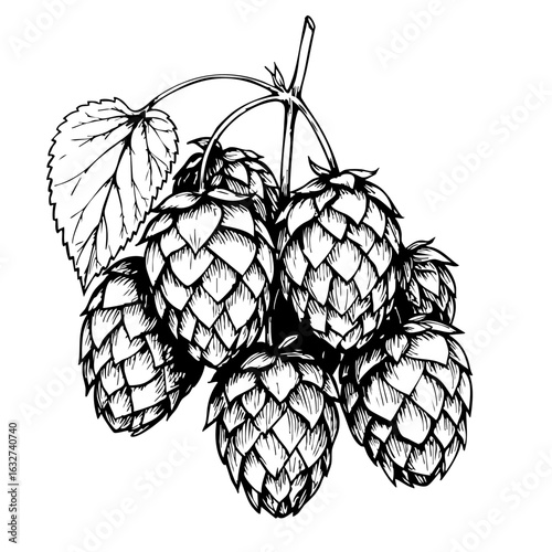 Drawn hops with cones and leaf on white background, these hops represent herbal ingredient. Detailed hops illustration showcases botanical drawing, ideal for brewing concepts.