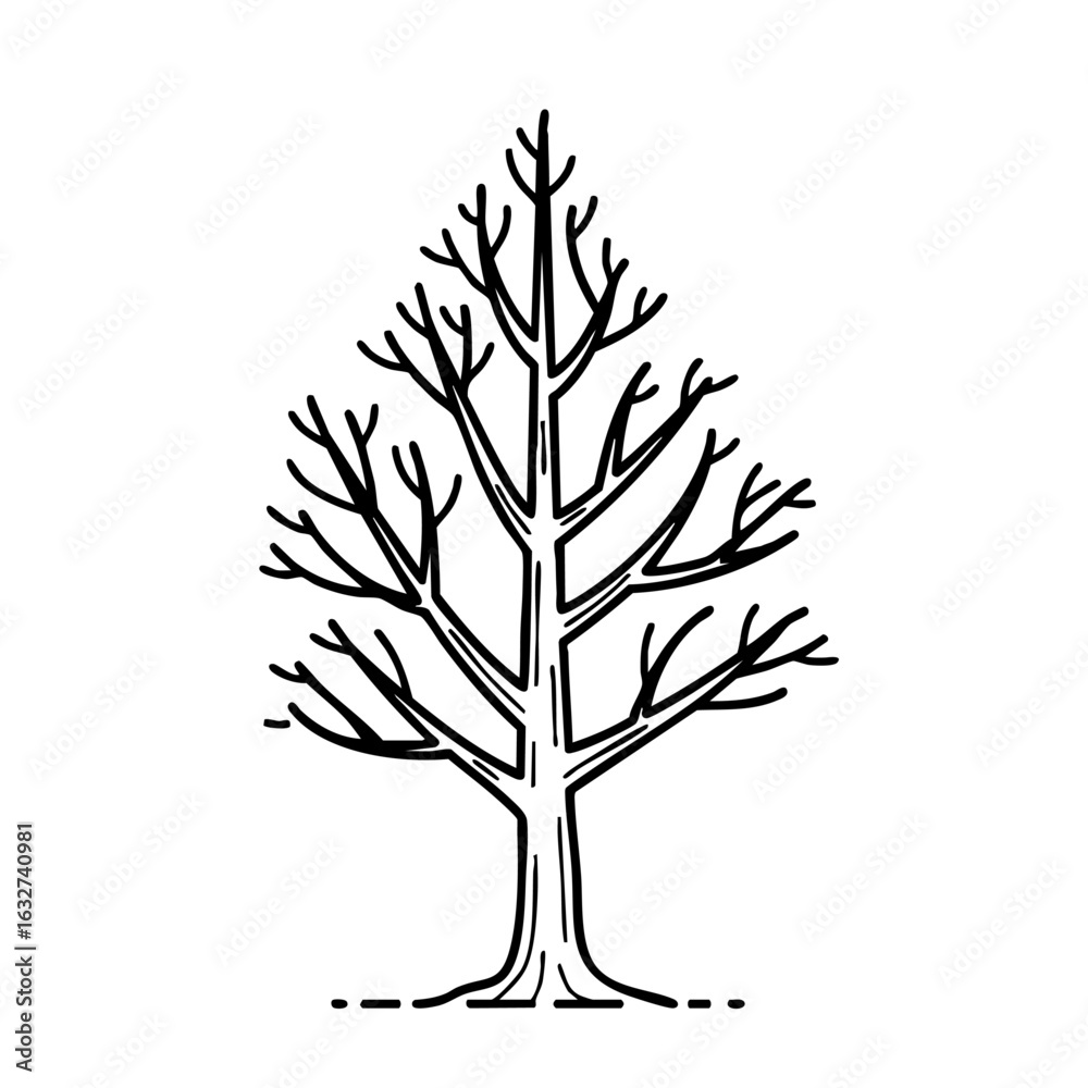 Obraz premium Bare tree silhouette isolated on white canvas exemplifies nature's stark beauty. Bare tree with stark outline. Minimalist bare tree aesthetic for botanical studies or minimalist design.