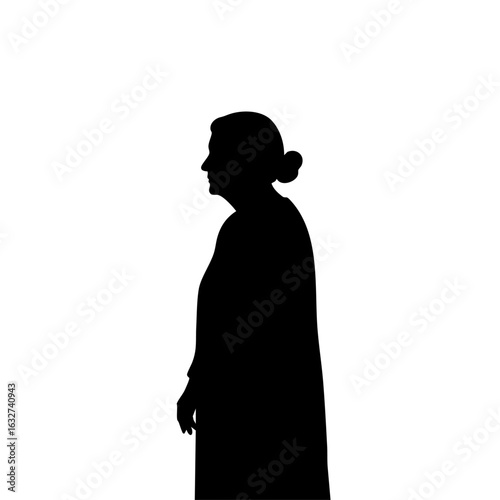 Old woman silhouette stands in profile, presenting mature lady in dark figure. Old woman silhouette creates a strong and simple shape, illustrating aging gracefully.