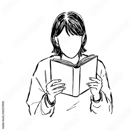 Person reading depiction features open book with expressive ink drawing lines. Person reading is caught engrossed in content, depicted with minimal facial features and simple clothing.
