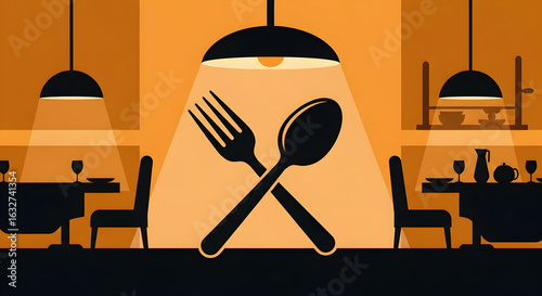 Elegant Restaurant Interior With Crossed Silverware and Modern Lighting Fixtures