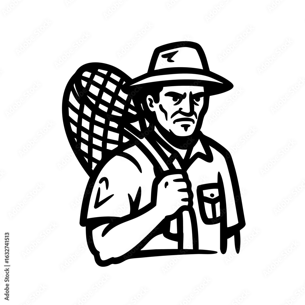 custom made wallpaper toronto digitalFly fisherman illustration carrying fishing net on shoulder, simple design. Fly fisherman illustration is perfect for sporting goods or logo design, vintage look.