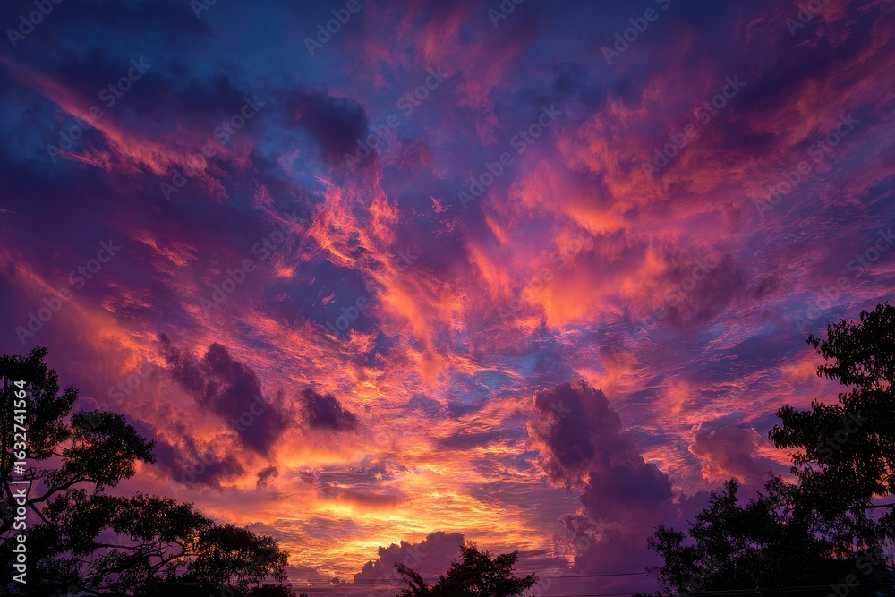 Fototapeta premium Fiery sunset with pink and purple cumulus clouds creating an atmospheric skyscape