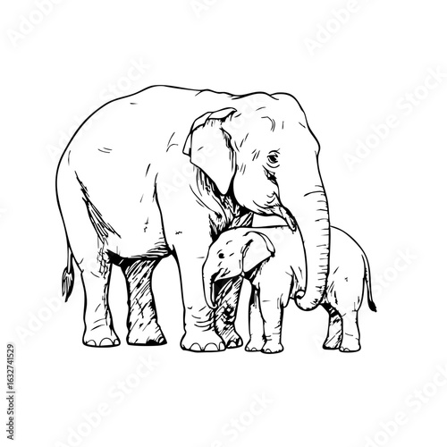 Elephant sketch shows majestic mother protecting its baby. Elephant drawing features animal with its offspring in simple art. Use this heartwarming elephant sketch for children's books, cards,