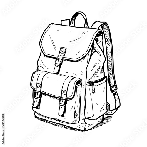 Simple line art illustration of travel backpack, vintage-style rucksack in black and white, ideal for any adventure. Travel backpack illustration, with retro straps, conveys preparedness for school,