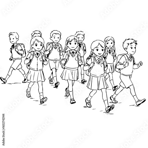 Children going to school with backpacks, elementary students in black and white. School children together on the way to class, education in monochrome.