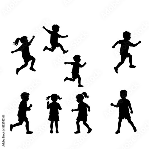Children silhouettes playing actively together, black silhouettes against white background. Childhood silhouettes feature jumping and running figures in a cheerful arrangement.