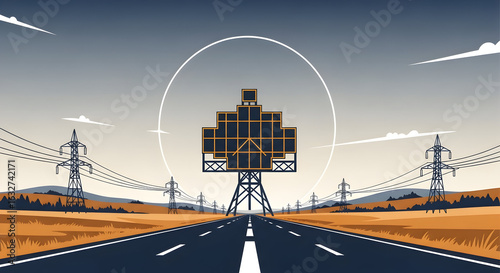 Energy Landscape A Conceptual Digital Render On The Road With Power Lines
