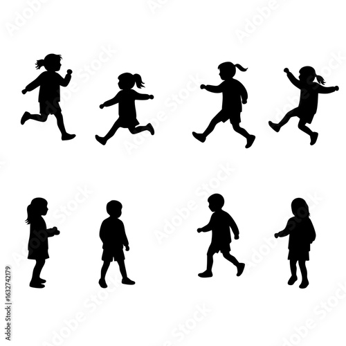 Set of child silhouette on white background, showing children playing in various poses. Child silhouette, dark and simple, in different moments of action and rest.