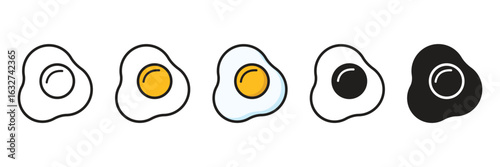 Fried Egg Icon Set:  Five Variations, Line Art, Cartoon Style,  Breakfast Food Graphic, Vector.
