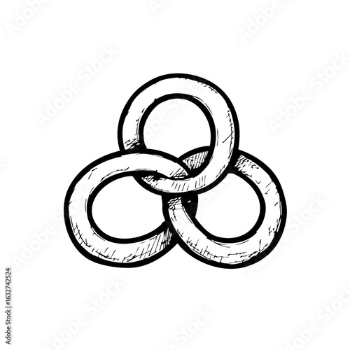 Artistic knot drawing of three rings in a graphic illustration that shows connection. Knot drawing is a symbolic unity, a sign of joining and interlinking.