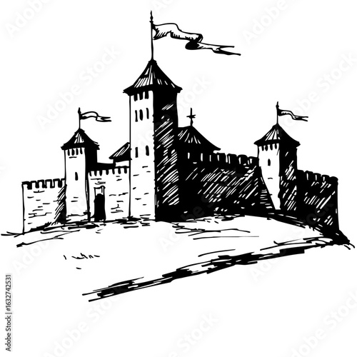 Simple castle illustration with tall towers and flag on a hilltop, is perfect for creating designs. Beautiful castle illustration has strong stone walls with a large gate.