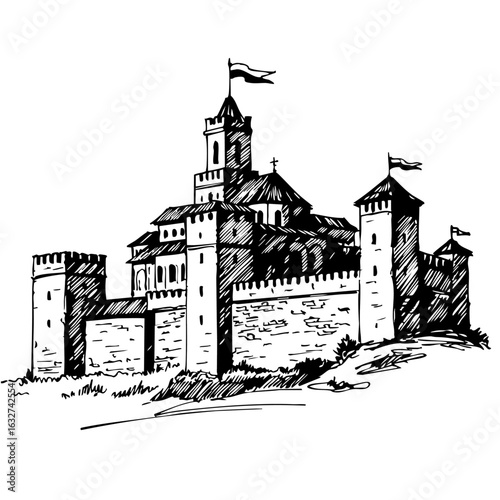 Medieval castle illustration in black and white with turrets and flags blowing in wind, medieval castle is drawn. The medieval castle shows ancient architecture and construction.