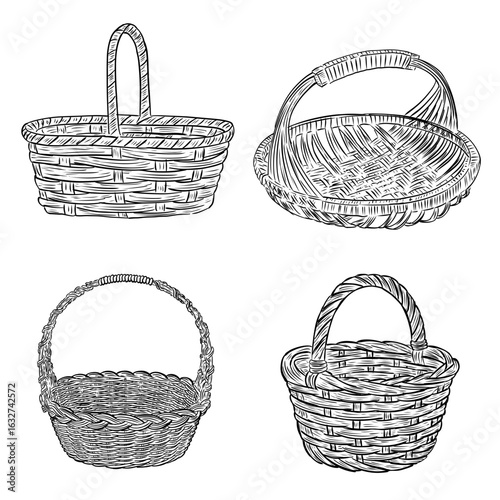 Hand Drawn Wicker Baskets Collection Vector Sketch Illustration