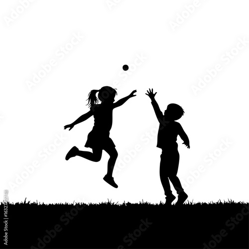 Silhouette of kids playing with ball against a plain background. Two kids playing silhouette displayed as energetic children reach for ball. This silhouette of kids playing illustrates joy, activity,