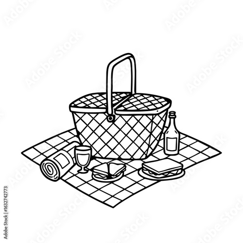 black and white picnic basket scene clip art preview