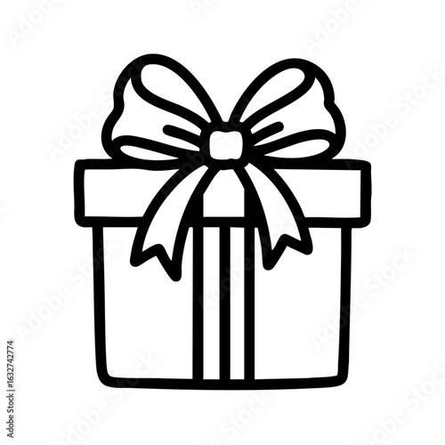 Gift box illustration features ribbon and bow for gifting. Black outline gift box illustration shows wrapped package for presents, party or event.