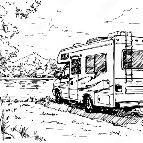 Recreational vehicle illustration shows campervan parked by calm waters with distant mountains. Recreational vehicle campervan embodies freedom and adventure, set against backdrop of scenic outdoors.