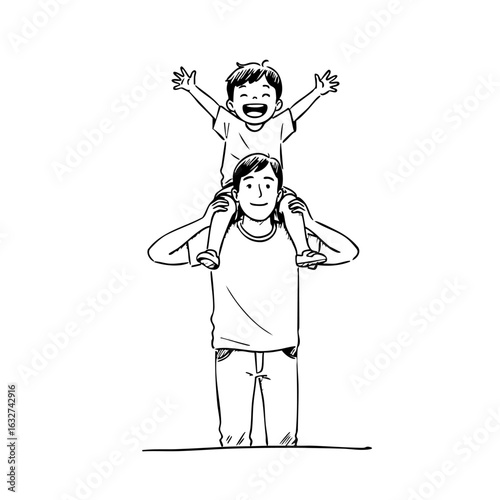 Father and son illustration featuring kid on shoulders with cheerful expression. Father and son drawing in simple line art shows connection between parent and child.