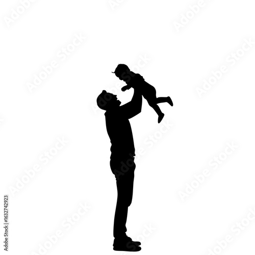 Father and child silhouette on white background, capturing heartwarming moment. Father lifting child silhouette shows tender affection and joy.