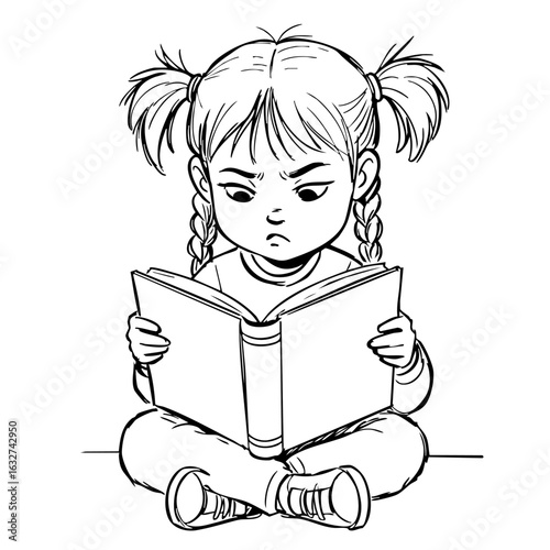 Little girl reading with braids holds book intently, studying its pages with focus. This little girl reading is absorbed in story, seated comfortably with legs crossed and her eyes glued to words.
