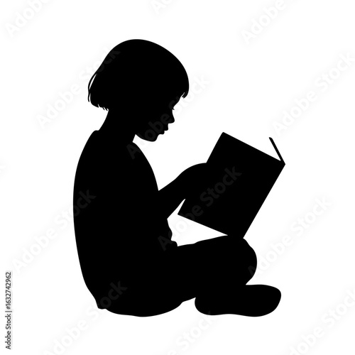 Girl reading in silhouette is seen in this image, perfect for educational projects, girl reading alone absorbed in a book.