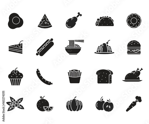 Collection of twenty diverse food icons: simple, black glyph style, flat design, minimalist aesthetic.