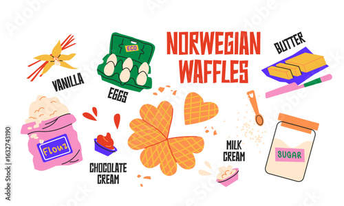 Norwegian waffles ingredients with eggs, butter, flour, vanilla and cream – cute flat food illustration. Healthy tasty breakfast. Cartoon vector food illustration
