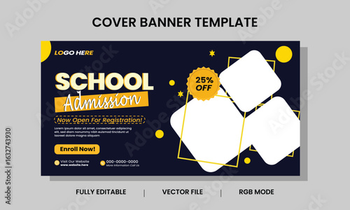 Modern School Admission Cover Banner Template with Rounded Diamond Photo Frames – Editable Vector Design