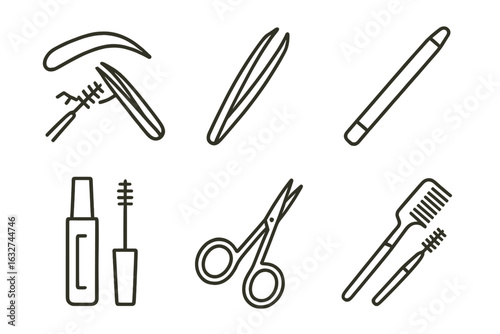 Eyebrow grooming tools: scissors, tweezers, pencil, mascara, comb, brush set