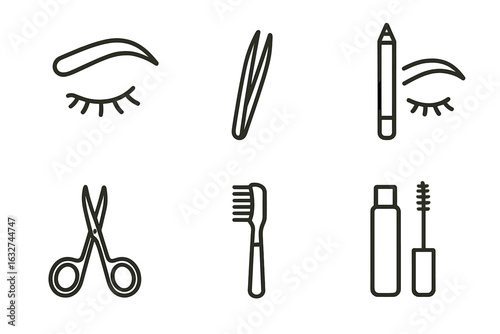 Essential eyebrow grooming tools: scissors, tweezers, pencil, mascara, comb