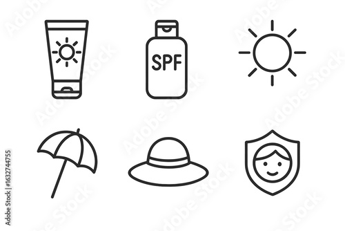 Sunscreen and sun protection icons with umbrella, hat, and spf symbols
