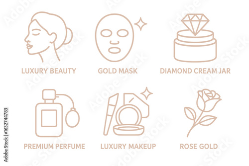 Luxury beauty icons: gold mask, diamond cream, perfume, makeup, rose gold