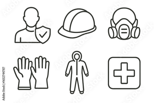 Safety equipment icons: hard hat, gas mask, gloves, protective suit, medical symbol