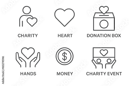 Charity symbols collection: heart, donation box, hands holding heart, money, charity event icons