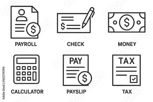 Finance tools: payroll, check, money, calculator, payslip, tax icons
