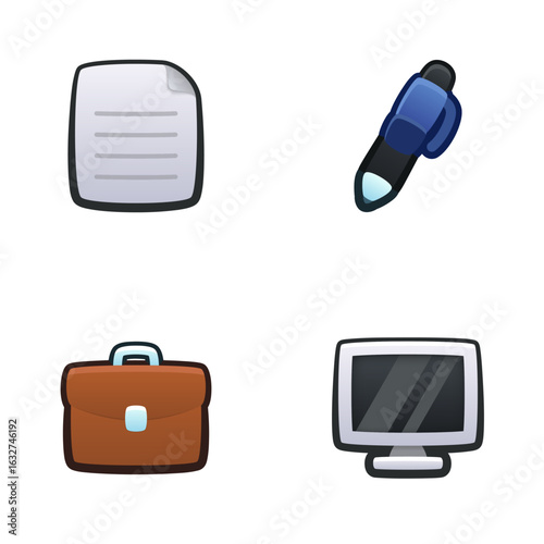 Office icon set. Isolated vector illustration of mobile game sprites. Design for stickers, logo, mobile app. Arcade or match 3 2d graphics game asset. Flat 3d item sprites sheet.
