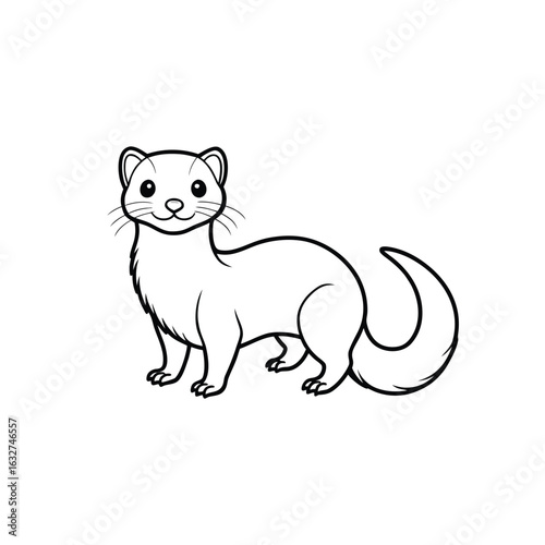 Black and White Vector Illustration of a Ferret Standing on All Fours, Featuring a Slender Body, Rounded Ears, and a Long Bushy Tail. Designed in a Minimalist Line Art Style, This Clean Silhouette Is 