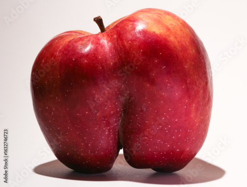 An ugly red apple. A fruit with a shape flaw on a white background.
