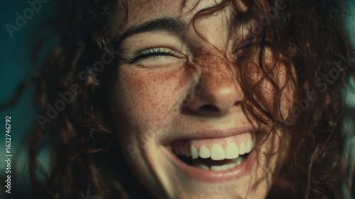 Close-up portrait of a vivacious woman with freckles enjoying life, radiant smile