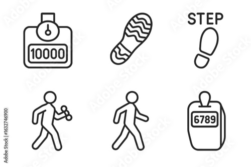 Fitness tracker icons: steps, counters, walking, and footprints