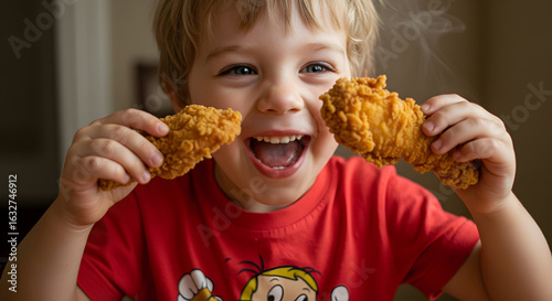A child excitedly holding a chicken tender