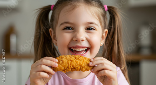 A child excitedly holding a chicken tender
