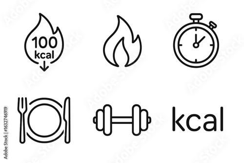 Calorie burn and fitness icons: flame, stopwatch, dumbbell, plate, kcal