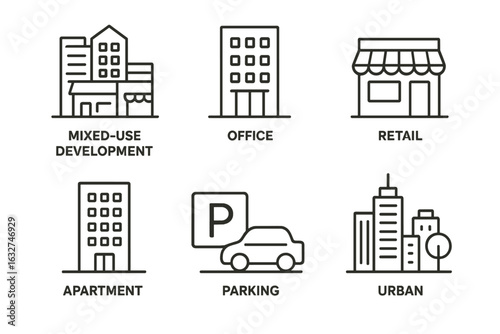 Mixed-use urban development icons: office, retail, apartment, parking